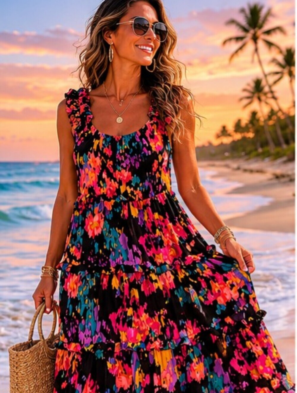 Boho prairie tier ruffle multicolor Vacay Resort Cottagecore Beach maxi dress L - Picture 2 of 15